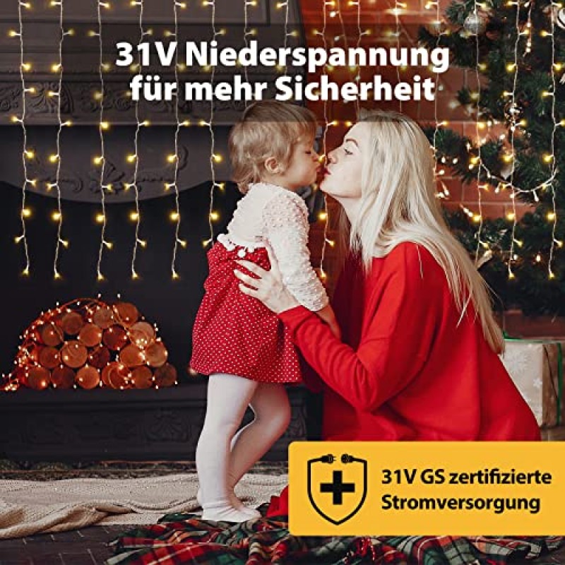 SALCAR 6m x 1m LED Tenda con Catena di Luci, Catena luminosa 300 Leds 9 modalità impermeabile decorazione per Decorazioni Natale - Bianco Caldo - 6*1m Bianco Caldo