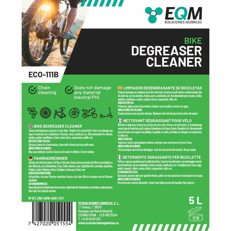EQM - ECO-111B - Sgrassatore Neutro per Biciclette - 5L - Adatto per qualsiasi materiale (Alluminio, titanio, acciaio, anodizzato…) - Sgrassatore per catene - 5 l (Confezione da 1)