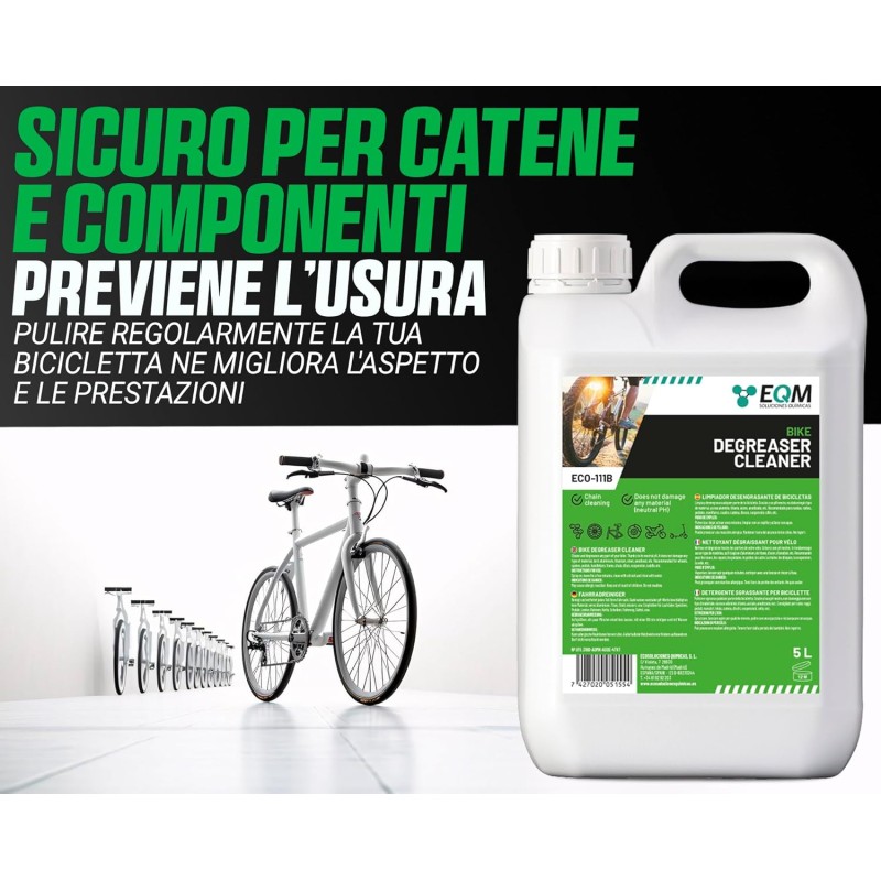 EQM - ECO-111B - Sgrassatore Neutro per Biciclette - 5L - Adatto per qualsiasi materiale (Alluminio, titanio, acciaio, anodizzato…) - Sgrassatore per catene - 5 l (Confezione da 1)