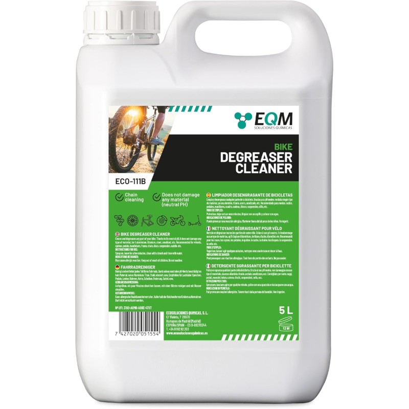 EQM - ECO-111B - Sgrassatore Neutro per Biciclette - 5L - Adatto per qualsiasi materiale (Alluminio, titanio, acciaio, anodizzato…) - Sgrassatore per catene - 5 l (Confezione da 1)
