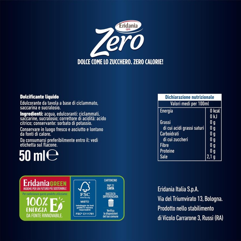 Eridania Zero - Dolcificante Liquido, Comodo Flaconcino da Portare con Te, 500 Dosi, 2 Gocce Equivalgono ad 1 Dose, Comodo Tappo Salvagocce Apri&Chiudi Integrato, 50 ml, 1 pezzo - 50 ml (Confezione da 1)