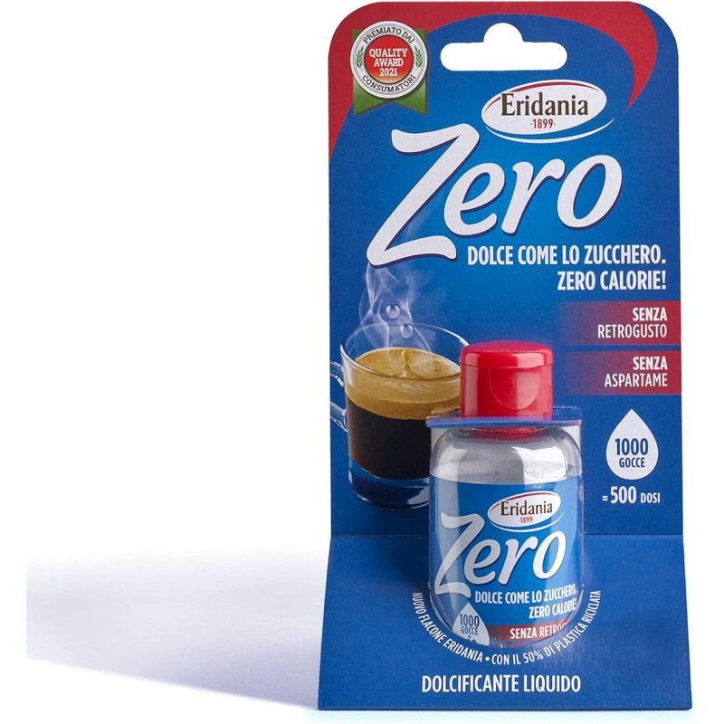 Eridania Zero - Dolcificante Liquido, Comodo Flaconcino da Portare con Te, 500 Dosi, 2 Gocce Equivalgono ad 1 Dose, Comodo Tappo Salvagocce Apri&Chiudi Integrato, 50 ml, 1 pezzo - 50 ml (Confezione da 1)