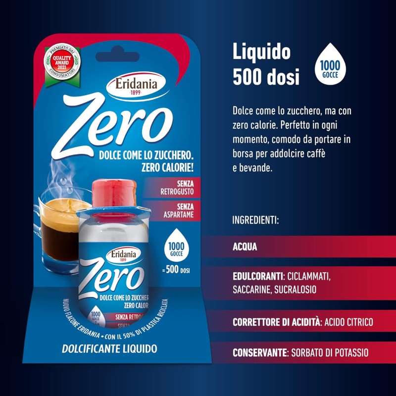 Eridania Zero - Dolcificante Liquido, Comodo Flaconcino da Portare con Te, 500 Dosi, 2 Gocce Equivalgono ad 1 Dose, Comodo Tappo Salvagocce Apri&Chiudi Integrato, 50 ml, 1 pezzo - 50 ml (Confezione da 1)