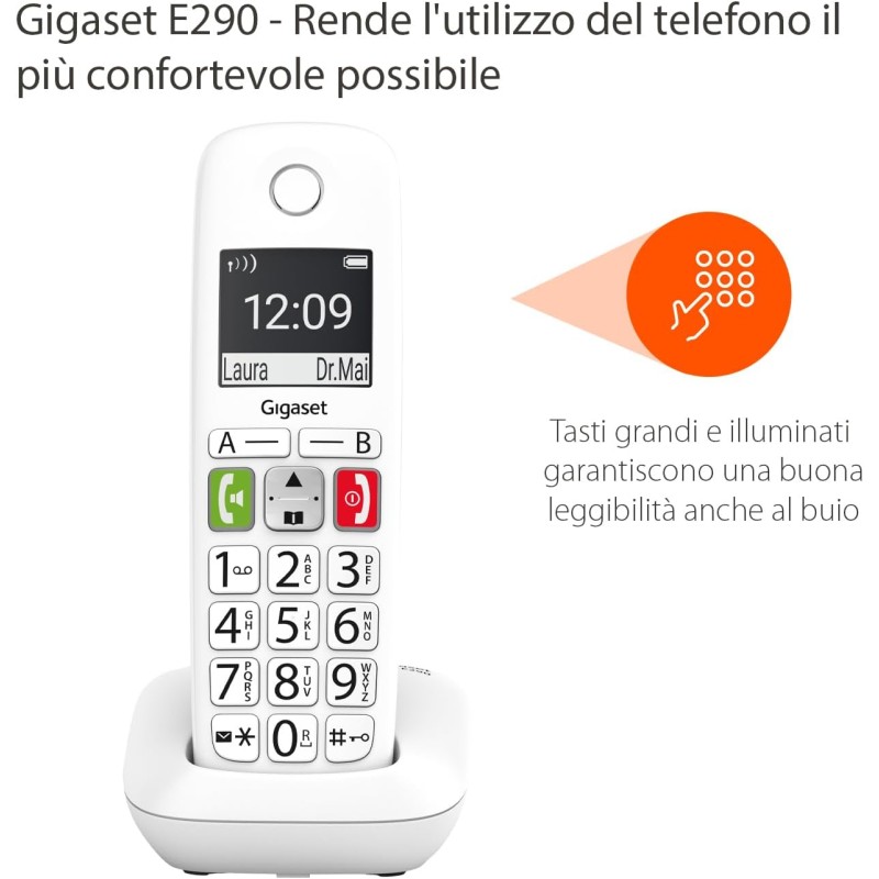 Gigaset E290, Telefono Portatile con Suonerie Forti, Numeri Grandi e Audio Potenziato, Tasti di Chiamata Rapida, Vivavoce con Volume Regolabile, Bianco [Versione Italiana] - Bianco