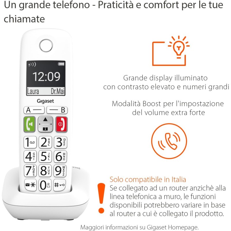 Gigaset E290, Telefono Portatile con Suonerie Forti, Numeri Grandi e Audio Potenziato, Tasti di Chiamata Rapida, Vivavoce con Volume Regolabile, Bianco [Versione Italiana] - Bianco