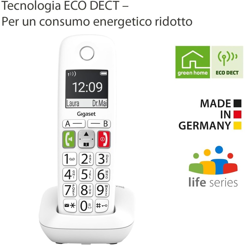 Gigaset E290, Telefono Portatile con Suonerie Forti, Numeri Grandi e Audio Potenziato, Tasti di Chiamata Rapida, Vivavoce con Volume Regolabile, Bianco [Versione Italiana] - Bianco