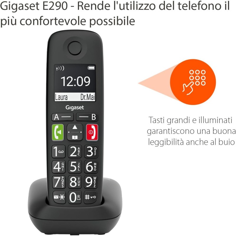 Gigaset E290, Telefono Portatile con Suonerie Forti, Numeri Grandi e Audio Potenziato, Tasti di Chiamata Rapida, Vivavoce con Volume Regolabile, Nero [Versione Italiana] - Nero