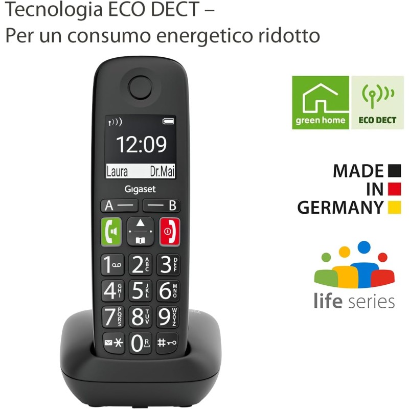 Gigaset E290, Telefono Portatile con Suonerie Forti, Numeri Grandi e Audio Potenziato, Tasti di Chiamata Rapida, Vivavoce con Volume Regolabile, Nero [Versione Italiana] - Nero
