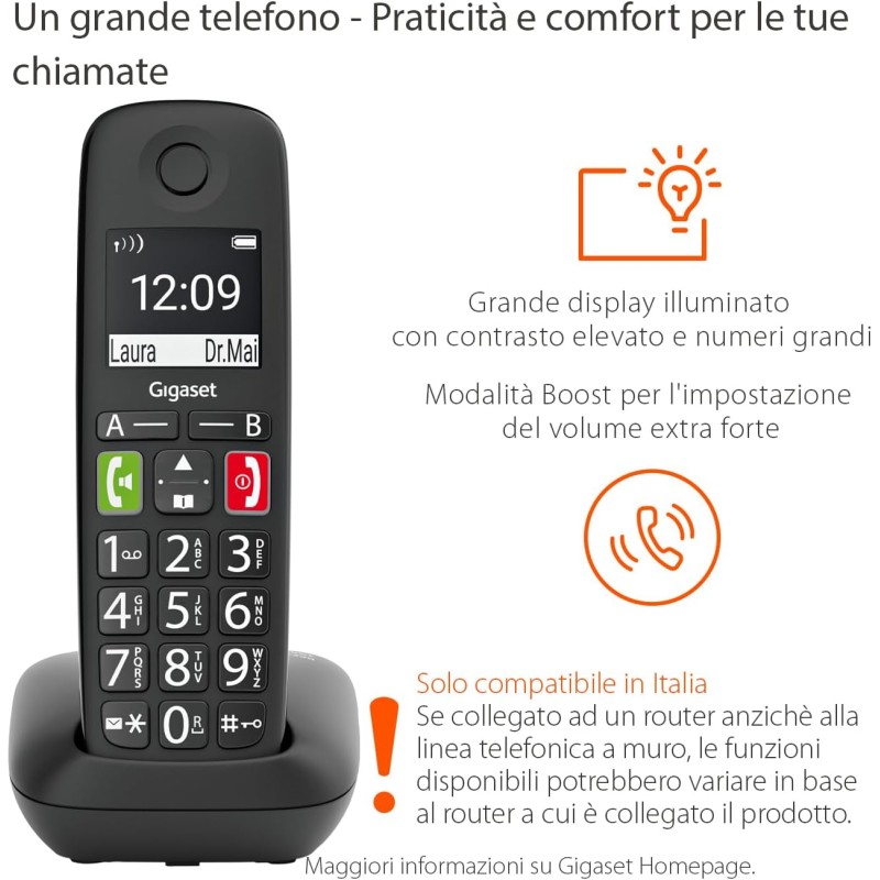 Gigaset E290, Telefono Portatile con Suonerie Forti, Numeri Grandi e Audio Potenziato, Tasti di Chiamata Rapida, Vivavoce con Volume Regolabile, Nero [Versione Italiana] - Nero