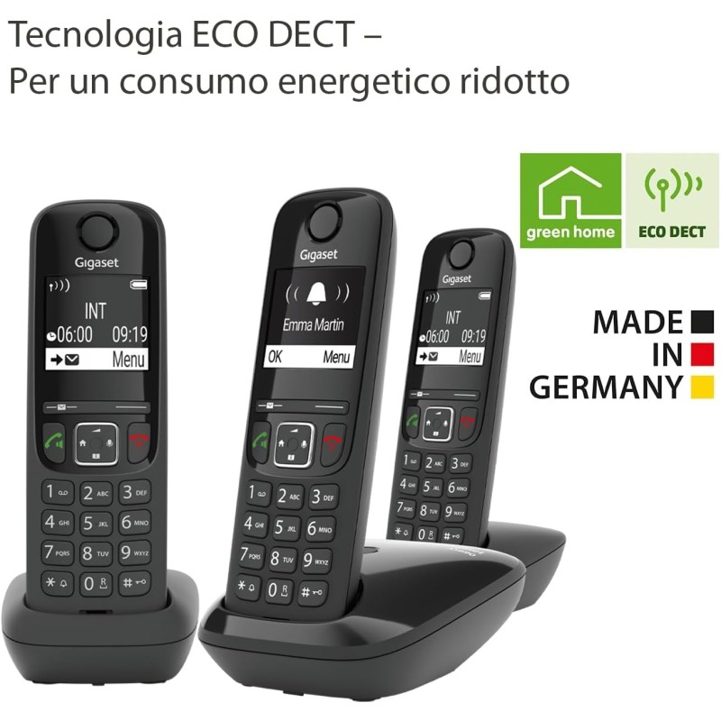 Gigaset AS690 Trio Telefono Cordless: 3 Portatili per Chiamate Interne ed Esterne in Parallelo, Vivavoce Alta Qualità, Tastiera Illuminata ed Ampio Display, Nero [Versione Italiana] - Nero