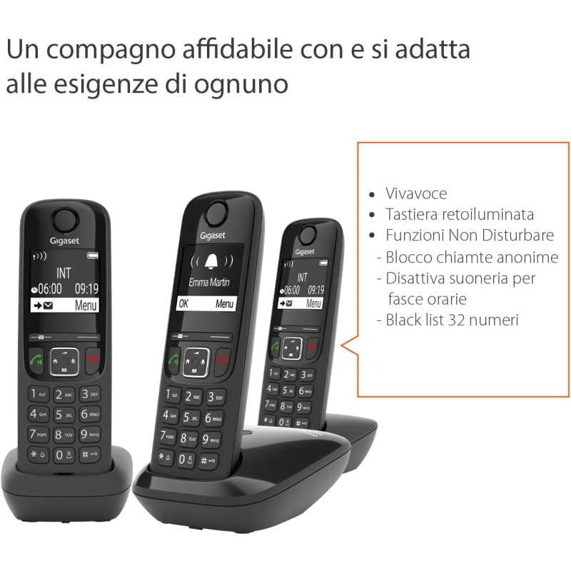 Gigaset AS690 Trio Telefono Cordless: 3 Portatili per Chiamate Interne ed Esterne in Parallelo, Vivavoce Alta Qualità, Tastiera Illuminata ed Ampio Display, Nero [Versione Italiana] - Nero