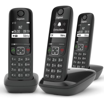 Gigaset AS690 Trio Telefono Cordless: 3 Portatili per Chiamate Interne ed Esterne in Parallelo, Vivavoce Alta Qualità, Tastiera Illuminata ed Ampio Display, Nero [Versione Italiana] - Nero