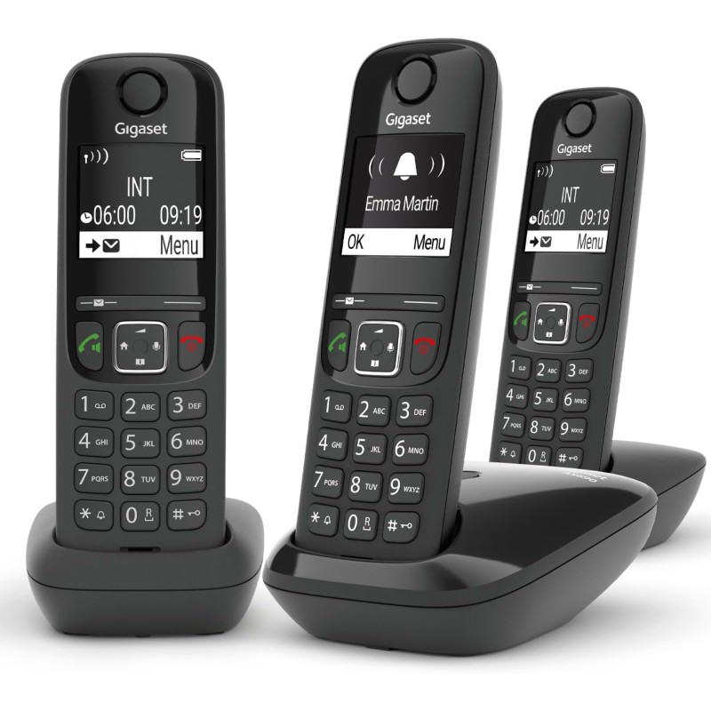 Gigaset AS690 Trio Telefono Cordless: 3 Portatili per Chiamate Interne ed Esterne in Parallelo, Vivavoce Alta Qualità, Tastiera Illuminata ed Ampio Display, Nero [Versione Italiana] - Nero
