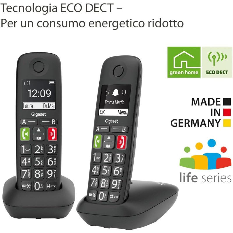 Gigaset E290 Duo - Telefoni Cordless - Due Portatili con Suonerie Forti - Numeri Grandi e Audio Potenziato - Vivavoce, Nero [Versione Italiana] - Nero