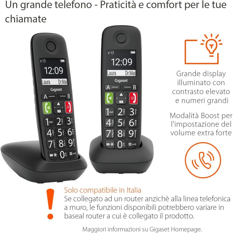 Gigaset E290 Duo - Telefoni Cordless - Due Portatili con Suonerie Forti - Numeri Grandi e Audio Potenziato - Vivavoce, Nero [Versione Italiana] - Nero