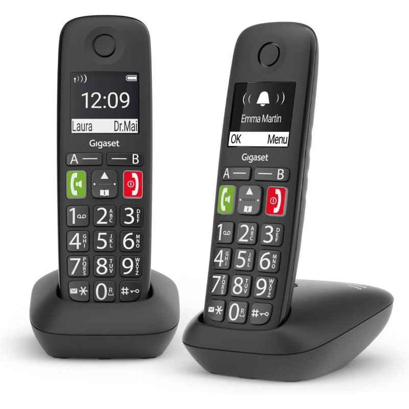 Gigaset E290 Duo - Telefoni Cordless - Due Portatili con Suonerie Forti - Numeri Grandi e Audio Potenziato - Vivavoce, Nero [Versione Italiana] - Nero