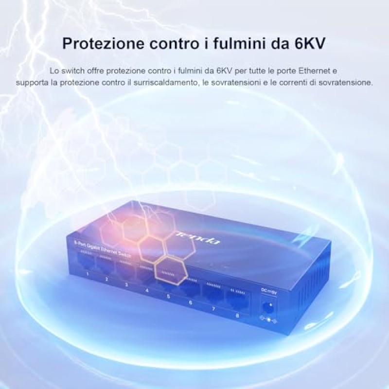 Tenda Switch Ethernet 8 Porte Gigabit Unmanaged TEG1008M, Switch Gigabit 10/100/1000 Mbps, IGMP Snooping, 802.1p/DSCP QoS, Hub Ethernet, Montaggio Desktop o a Parete, Plug & Play, Guscio di Metallo - Gigabit