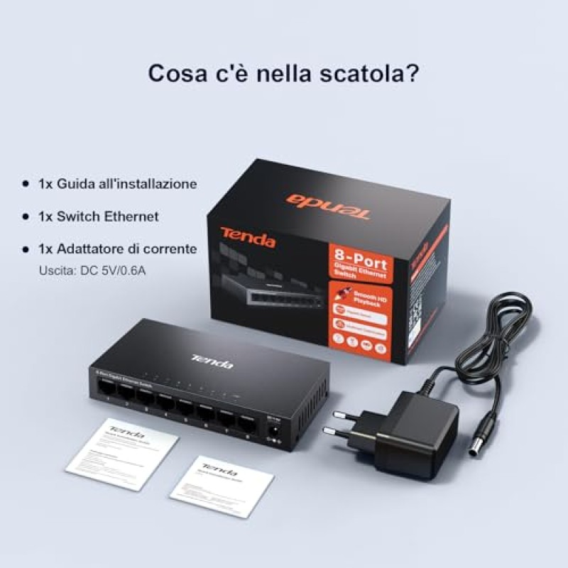 Tenda Switch Ethernet 8 Porte Gigabit Unmanaged TEG1008M, Switch Gigabit 10/100/1000 Mbps, IGMP Snooping, 802.1p/DSCP QoS, Hub Ethernet, Montaggio Desktop o a Parete, Plug & Play, Guscio di Metallo - Gigabit