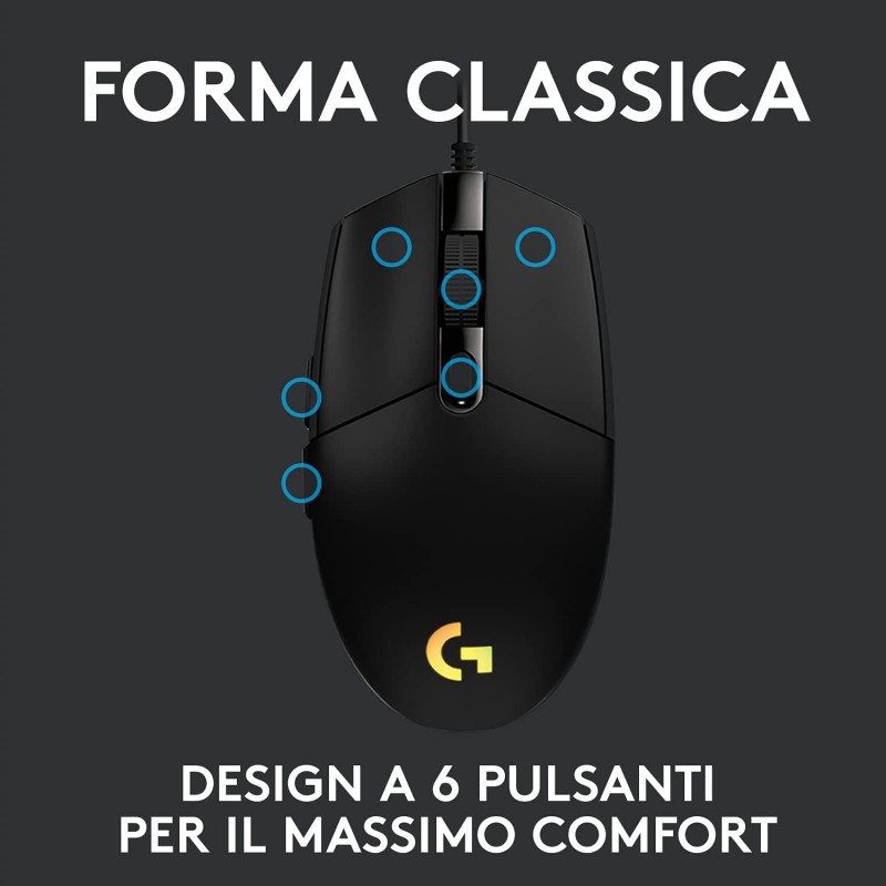 Logitech G G203 LIGHTSYNC Mouse Gaming con Illuminazione RGB, Personalizzabile, 6 Pulsanti Programmabili, Sensore per Gaming, Tracciamento a 8.000 DPI, Peso Ridotto - Nero