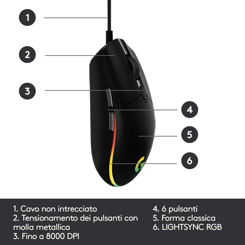 Logitech G G203 LIGHTSYNC Mouse Gaming con Illuminazione RGB, Personalizzabile, 6 Pulsanti Programmabili, Sensore per Gaming, Tracciamento a 8.000 DPI, Peso Ridotto - Nero