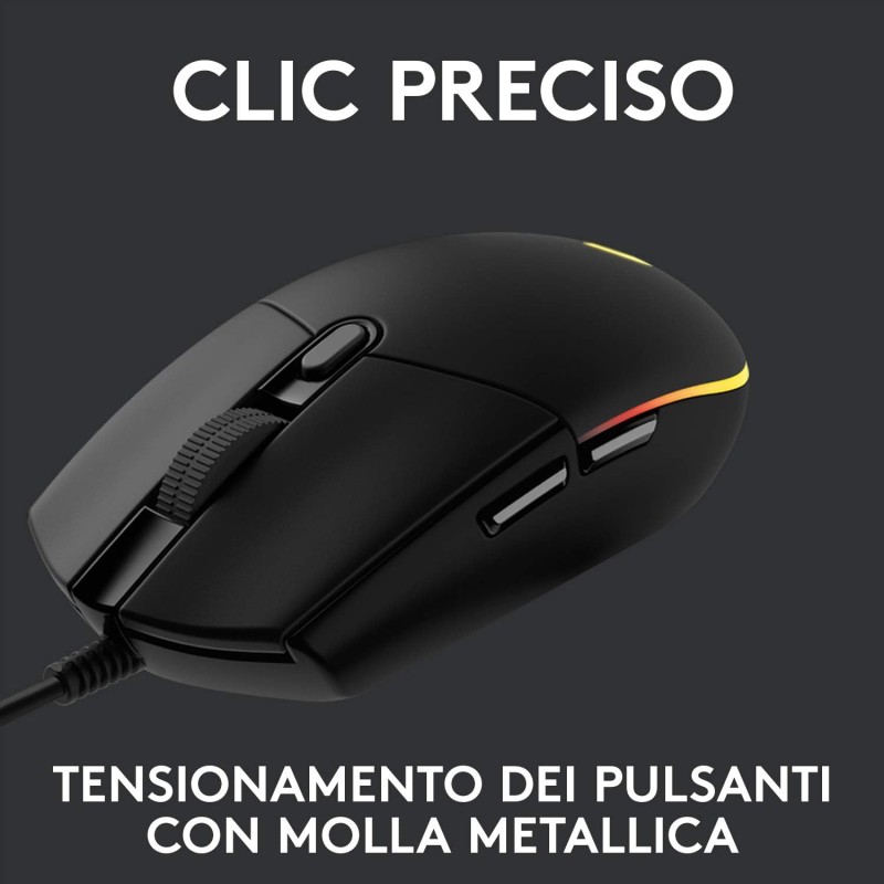 Logitech G G203 LIGHTSYNC Mouse Gaming con Illuminazione RGB, Personalizzabile, 6 Pulsanti Programmabili, Sensore per Gaming, Tracciamento a 8.000 DPI, Peso Ridotto - Nero