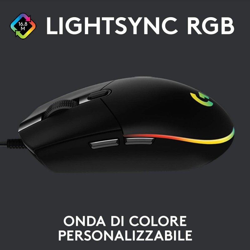 Logitech G G203 LIGHTSYNC Mouse Gaming con Illuminazione RGB, Personalizzabile, 6 Pulsanti Programmabili, Sensore per Gaming, Tracciamento a 8.000 DPI, Peso Ridotto - Nero