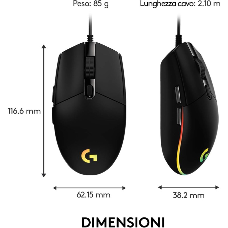Logitech G G203 LIGHTSYNC Mouse Gaming con Illuminazione RGB, Personalizzabile, 6 Pulsanti Programmabili, Sensore per Gaming, Tracciamento a 8.000 DPI, Peso Ridotto - Nero
