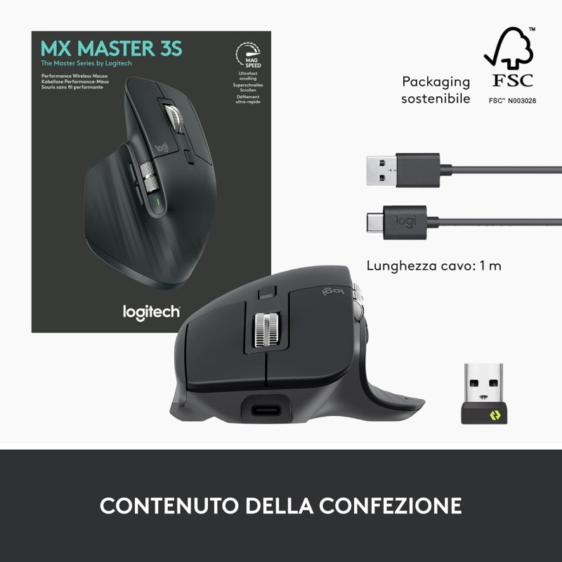 Logitech MX Master 3S-Mouse wireless ad alte prestazioni con scorrimento ultraveloce, ergonomico, 8K DPI, rilevamento del vetro, clic silenziosi, USB-C, Bluetooth, Windows, Linux, - Grigio scuro - Grafite Logitech MX Master 3S-Mouse wireless ad alte prestazioni con scorrimento ultraveloce, ergonomico, 8K DPI, rilevamento del vetro, clic silenziosi, USB-C, Bluetooth, Windows, Linux, - Grigio scuro - Grafite