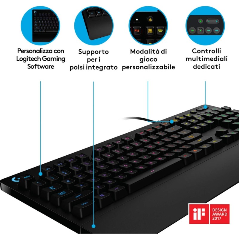 Logitech G213 Prodigy Tastiera Gaming Cablata, LIGHTSYNC RGB, Tasti Retroilluminati, Resistente Agli Schizzi, Tasti Personalizzabili, Controlli Dedicati Multimediali, QWERTY Layout Italiano, Nero Logitech G213 Prodigy Tastiera Gaming Cablata, LIGHTSYNC RGB, Tasti Retroilluminati, Resistente Agli Schizzi, Tasti Personalizzabili, Controlli Dedicati Multimediali, QWERTY Layout Italiano, Nero