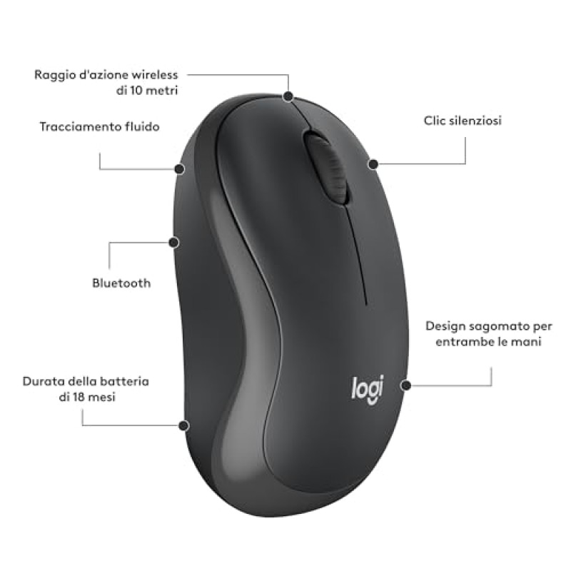 Logitech M240 Silenzioso Bluetooth Mouse, Wireless, Compatto, Portatile, Smooth Tracking, durata batteria 18 mesi, per Windows, macOS, ChromeOS, Compatibile PC, Mac, Laptop, Tablet - Grafite - Grigio