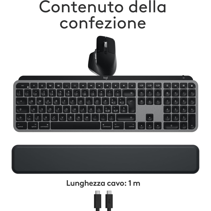 Logitech MX Keys S Combo for Mac, tastiera retroillumination eye mouse wireless a scorrimento con supporto per i polsi, Bluetooth USB-C per MacBook Pro, Macbook Air, iMac, iPad, QWERTY US INT'L-Grigio - Spazio grigio