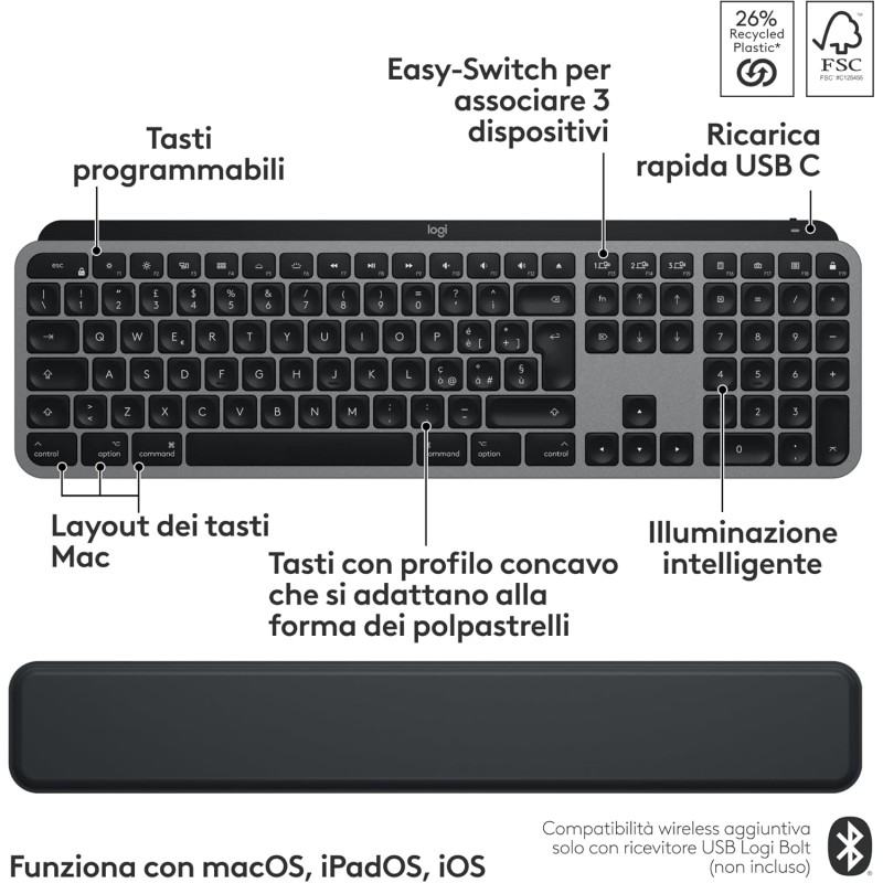Logitech MX Keys S Combo for Mac, tastiera retroillumination eye mouse wireless a scorrimento con supporto per i polsi, Bluetooth USB-C per MacBook Pro, Macbook Air, iMac, iPad, QWERTY US INT'L-Grigio - Spazio grigio