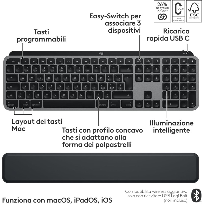 Logitech MX Keys S Combo for Mac, tastiera retroillumination eye mouse wireless a scorrimento con supporto per i polsi, Bluetooth USB-C per MacBook Pro, Macbook Air, iMac, iPad, QWERTY US INT'L-Grigio - Spazio grigio
