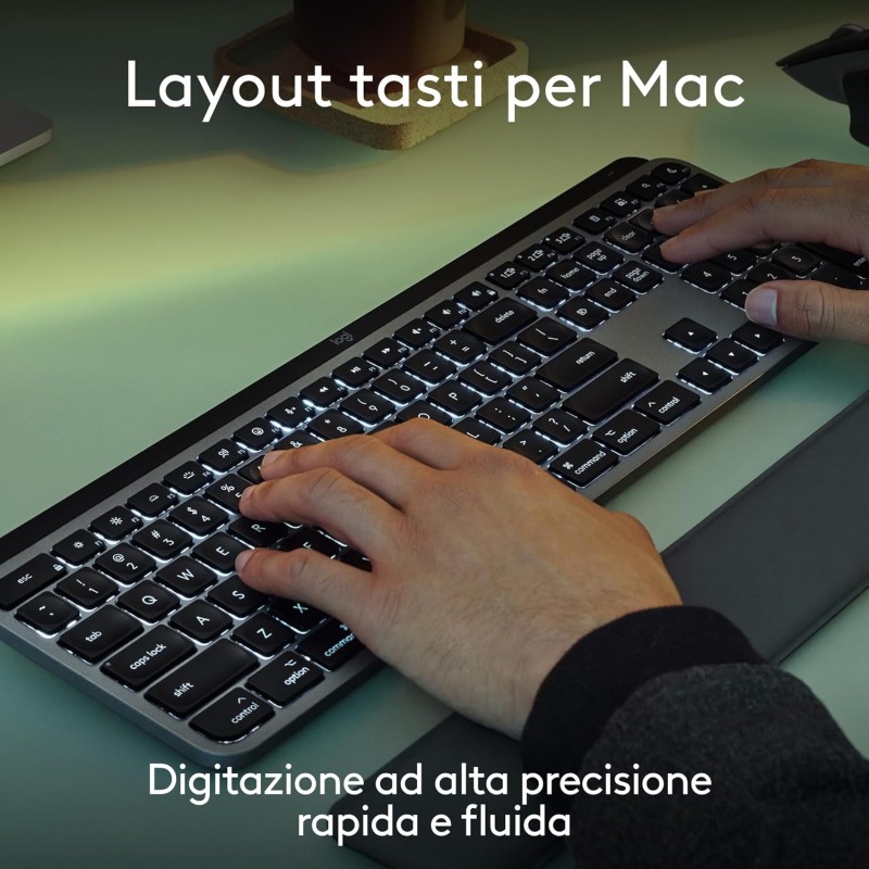 Logitech MX Keys S Combo for Mac, tastiera retroillumination eye mouse wireless a scorrimento con supporto per i polsi, Bluetooth USB-C per MacBook Pro, Macbook Air, iMac, iPad, QWERTY US INT'L-Grigio - Spazio grigio
