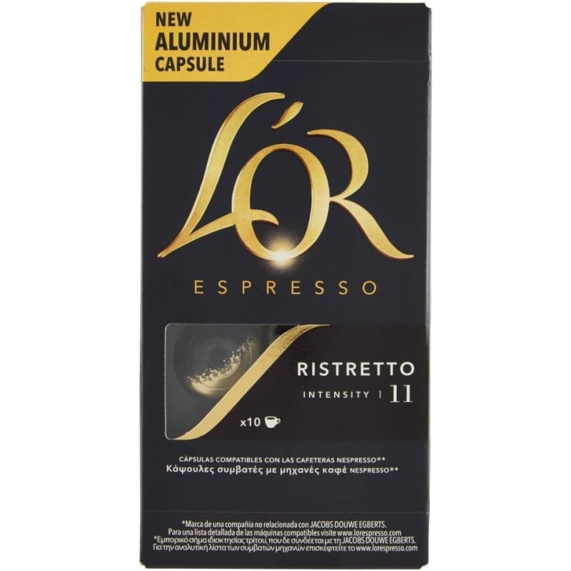 L'Or - Capsule Caffè Espresso Ristretto - 100 Capsule in Alluminio - Intensità 11 - Compatibili con Macchine Nespresso®* original - 10 pacchetti da 10 capsule - 10 unità (Confezione da 10) L'Or - Capsule Caffè Espresso Ristretto - 100 Capsule in Alluminio - Intensità 11 - Compatibili con Macchine Nespresso®* original - 10 pacchetti da 10 capsule - 10 unità (Confezione da 10)