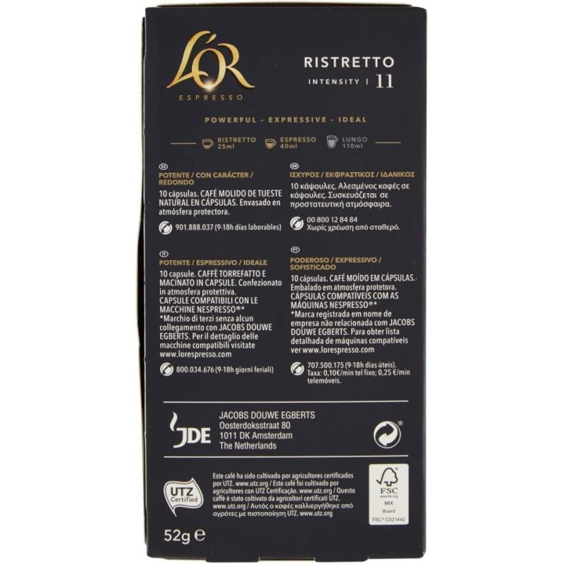 L'Or - Capsule Caffè Espresso Ristretto - 100 Capsule in Alluminio - Intensità 11 - Compatibili con Macchine Nespresso®* original - 10 pacchetti da 10 capsule - 10 unità (Confezione da 10) L'Or - Capsule Caffè Espresso Ristretto - 100 Capsule in Alluminio - Intensità 11 - Compatibili con Macchine Nespresso®* original - 10 pacchetti da 10 capsule - 10 unità (Confezione da 10)