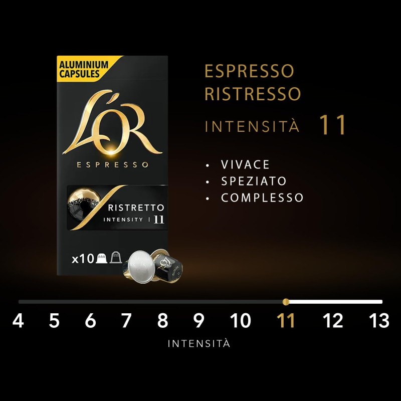 L'Or - Capsule Caffè Espresso Ristretto - 100 Capsule in Alluminio - Intensità 11 - Compatibili con Macchine Nespresso®* original - 10 pacchetti da 10 capsule - 10 unità (Confezione da 10) L'Or - Capsule Caffè Espresso Ristretto - 100 Capsule in Alluminio - Intensità 11 - Compatibili con Macchine Nespresso®* original - 10 pacchetti da 10 capsule - 10 unità (Confezione da 10)