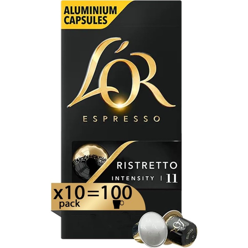 L'Or - Capsule Caffè Espresso Ristretto - 100 Capsule in Alluminio - Intensità 11 - Compatibili con Macchine Nespresso®* original - 10 pacchetti da 10 capsule - 10 unità (Confezione da 10) L'Or - Capsule Caffè Espresso Ristretto - 100 Capsule in Alluminio - Intensità 11 - Compatibili con Macchine Nespresso®* original - 10 pacchetti da 10 capsule - 10 unità (Confezione da 10)
