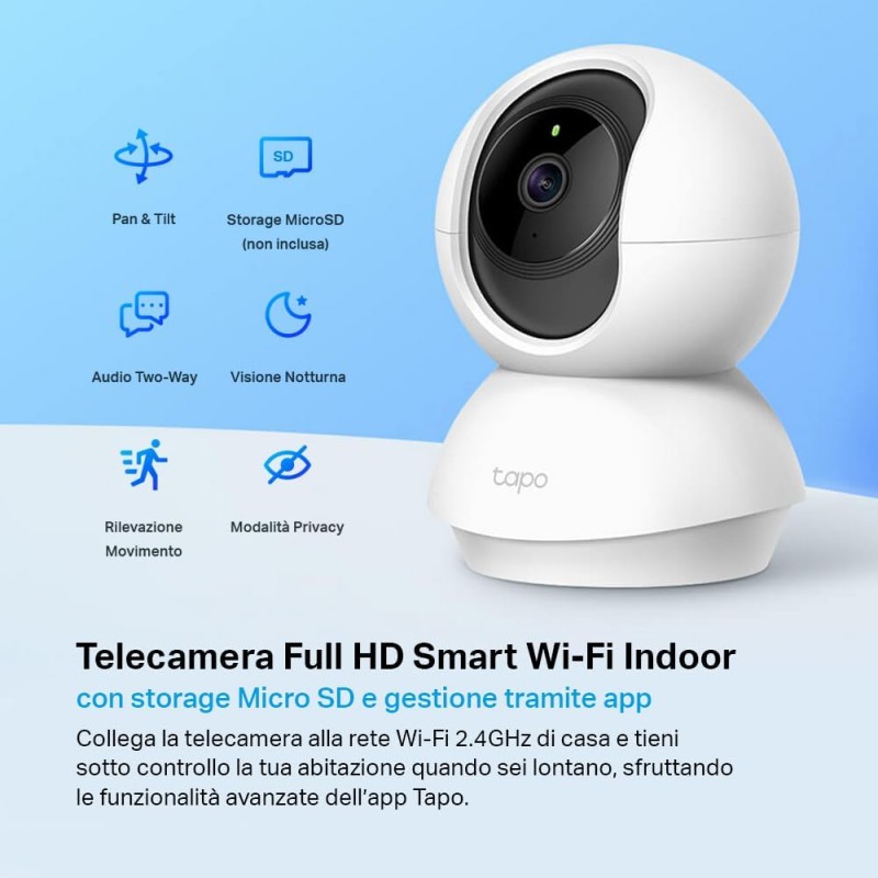 Tapo C200 Telecamera Wi-Fi Interno FHD, Videocamera sorveglianza, Visione Notturna, 360° Visuale, Audio Bidirezionale, Rilevamento di movimento e notifiche, Allarme acustico e luminoso integrato Tapo C200 Telecamera Wi-Fi Interno FHD, Videocamera sorveglianza, Visione Notturna, 360° Visuale, Audio Bidirezionale, Rilevamento di movimento e notifiche, Allarme acustico e luminoso integrato