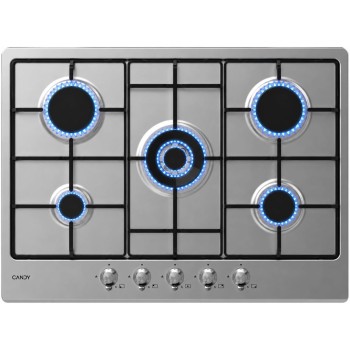 Candy Classic Piano Cottura a Gas 5 Fuochi, Acciaio Inossidabile, Bruciatore a Doppia Corona, Griglie Smaltate Leggere e Lavabili in Lavastoviglie, 74,5 x 51 x 3,5 cm, Color Inox - CHW74WTX