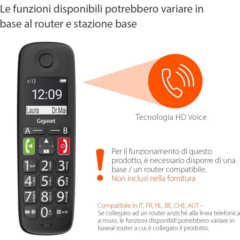 Gigaset E290HX - Telefono Portatile Aggiuntivo - Tasti Grandi - Vivavoce, Nero [Compatibile in IT, FR, NL, BE, CHE, AUT] [Senza Base] - Nero