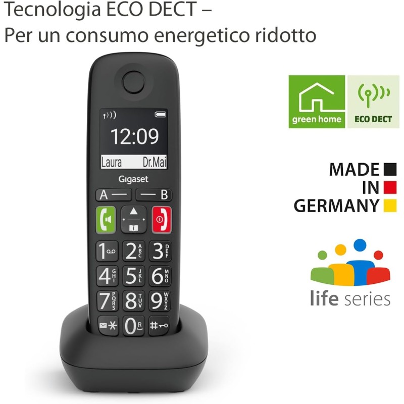 Gigaset E290HX - Telefono Portatile Aggiuntivo - Tasti Grandi - Vivavoce, Nero [Compatibile in IT, FR, NL, BE, CHE, AUT] [Senza Base] - Nero