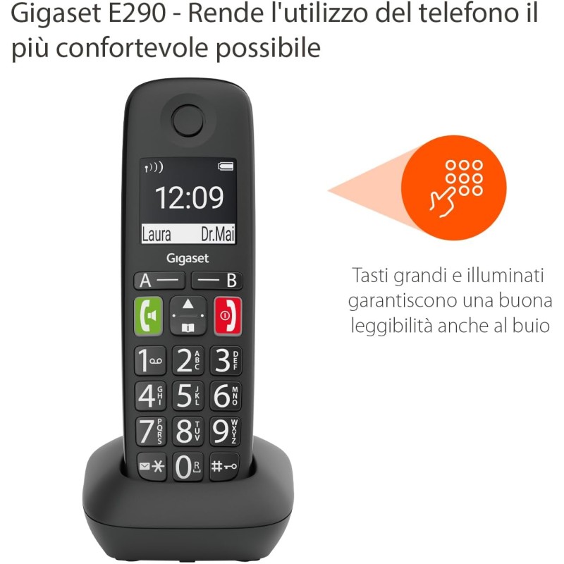 Gigaset E290HX - Telefono Portatile Aggiuntivo - Tasti Grandi - Vivavoce, Nero [Compatibile in IT, FR, NL, BE, CHE, AUT] [Senza Base] - Nero