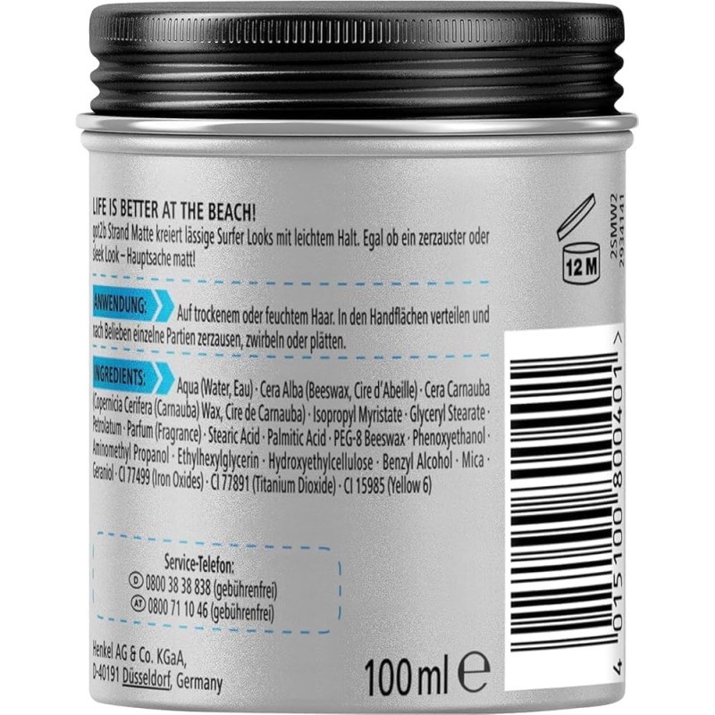 Schwarzkopf Got2b, Beach Matt Paste, Cera Modellante per Capelli Uomo, Effetto Opaco, Tenuta Media, 100 ml