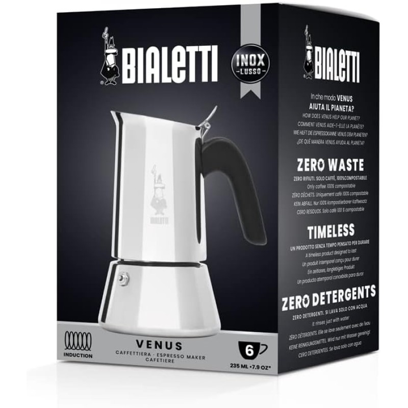 Bialetti Caffettiera New Venus 6 Tazze, Manico Anti Scottatura, Adatta A Induzione, 6 Tazze (235 Ml), Acciaio 18/10, Argento, ‎13 x 11 x 21.5 cm 540 grammi - 6 tazze