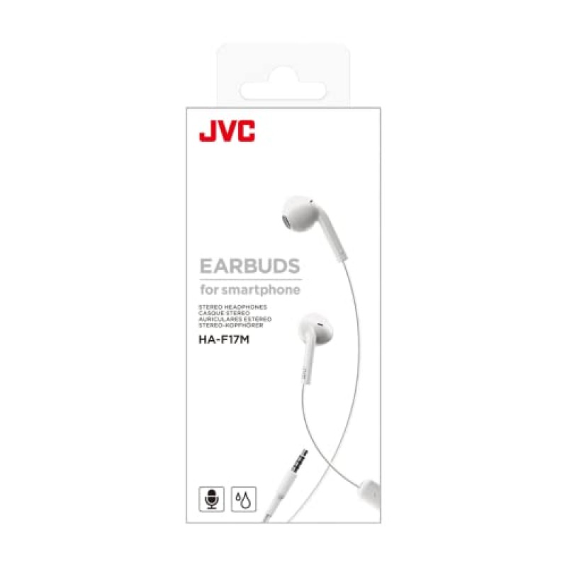 JVC HA-F17M-W-U Cuffie auricolari In-ear, a prova di sudore (IPX2), Microfono e telecomando a un pulsante integrati, cavo di 1m colorato con spinotto sottile, Bianco - unica bianco