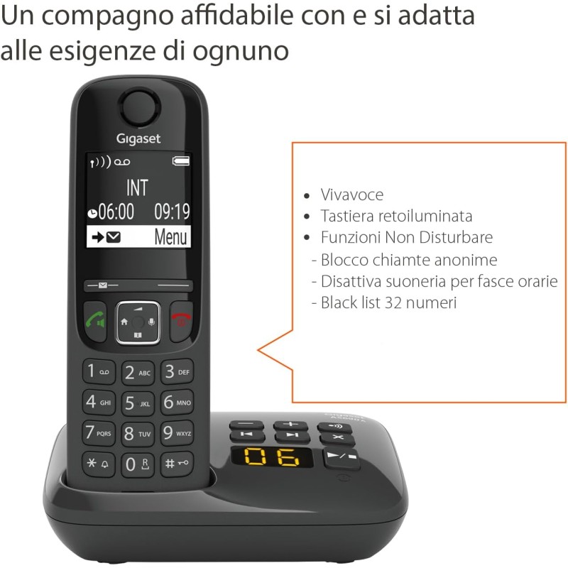 Gigaset AS690A - Telefono Portatile con Segreteria - Grande Display grafico Illuminato - Ottima Qualità audio - Vivavoce, Nero [Versione Italiana] - Nero