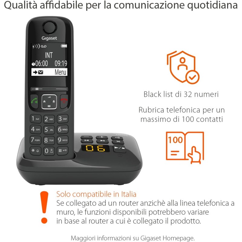 Gigaset AS690A - Telefono Portatile con Segreteria - Grande Display grafico Illuminato - Ottima Qualità audio - Vivavoce, Nero [Versione Italiana] - Nero
