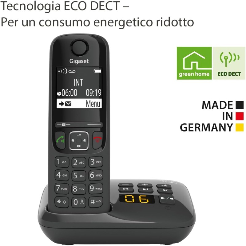 Gigaset AS690A - Telefono Portatile con Segreteria - Grande Display grafico Illuminato - Ottima Qualità audio - Vivavoce, Nero [Versione Italiana] - Nero