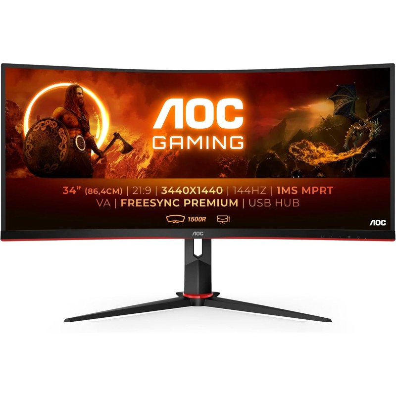AOC Gaming CU34G2X/BK Monitor Serie G2 Curvo da 34", Raggio di curvatura: 1500R, WQHD 3440 x 1440 a 144 Hz, HDMI, DisplayPort, FreeSync, Tempo di Risposta 1 ms, Regolabile, Nero/Rosso - 34" WQHD Curvo